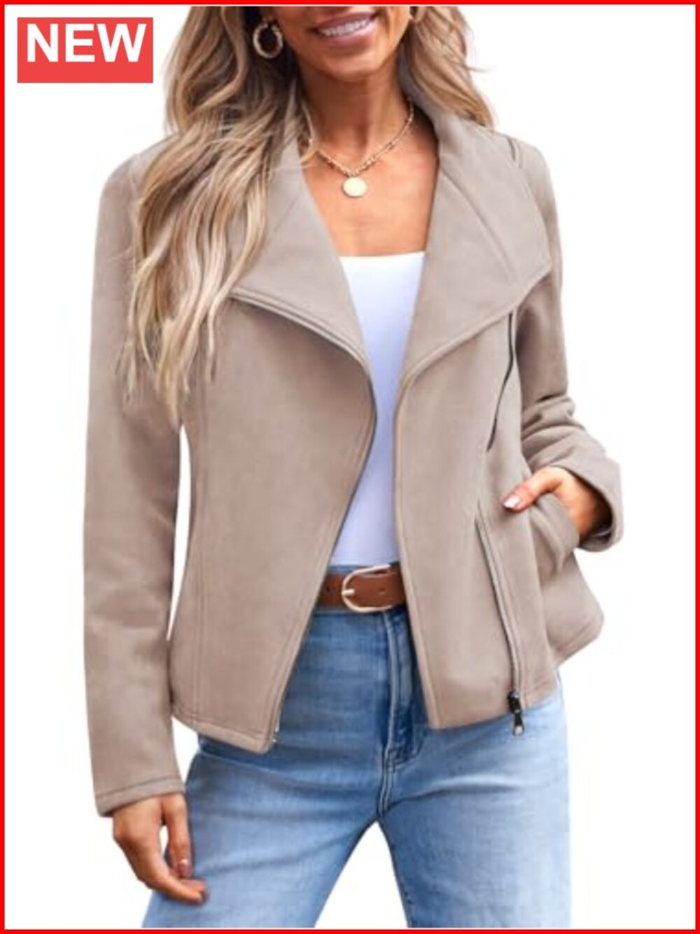 Faux Suede Moto Jacket Lightweight Zip Up Long Sleeve